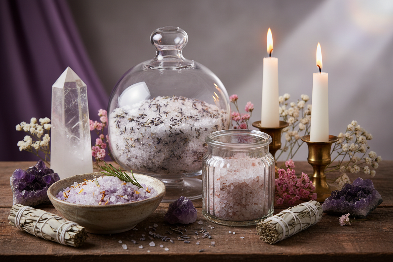 Sheelaa sacred cleansing salts in golden ritual bowl with incense smoke and lotus blossom