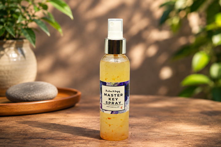 Master Key Formula Spray by House of Sheelaa in a golden-yellow spray bottle, styled on a wooden surface with soft greenery and warm natural light.