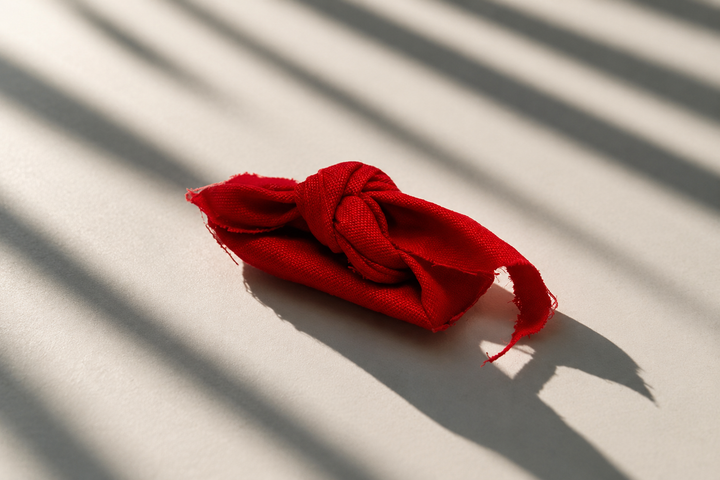 Negate Rahu Yantra Small wrapped in red cloth, placed on a light surface with soft sunlight and shadow details.