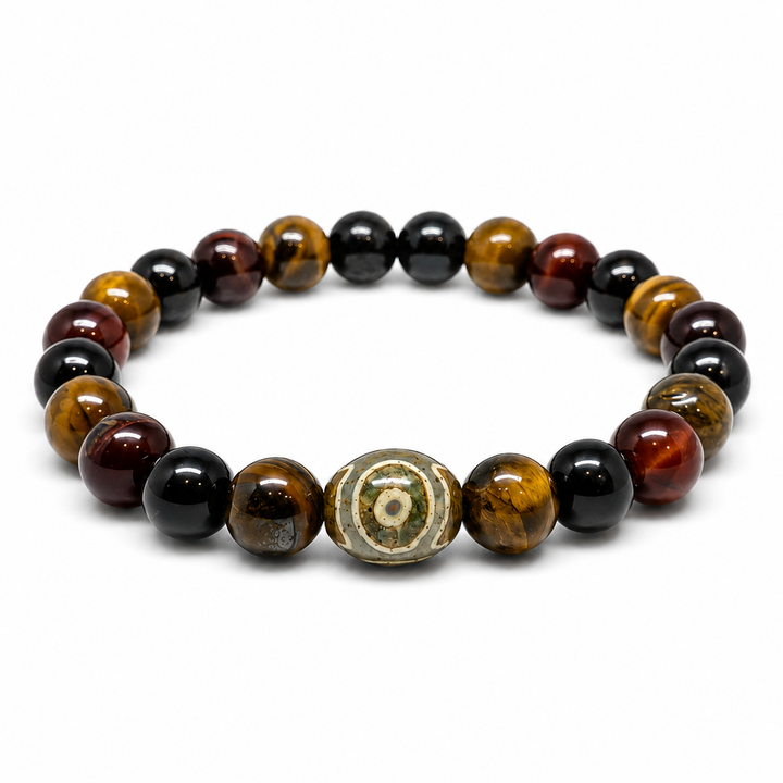 Blockbuster Career & Nazar Bracelet with black, red tiger eye, tiger eye beads and evil eye charm for career focus, protection, and positive work energy.