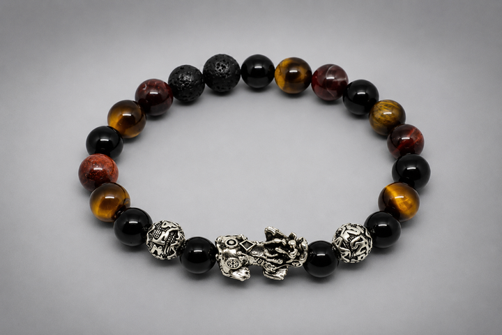 Career Growth Pixiu Bracelet with tiger eye, black protective beads, and Pixiu charm designed for career success, stability, protection, and abundance.