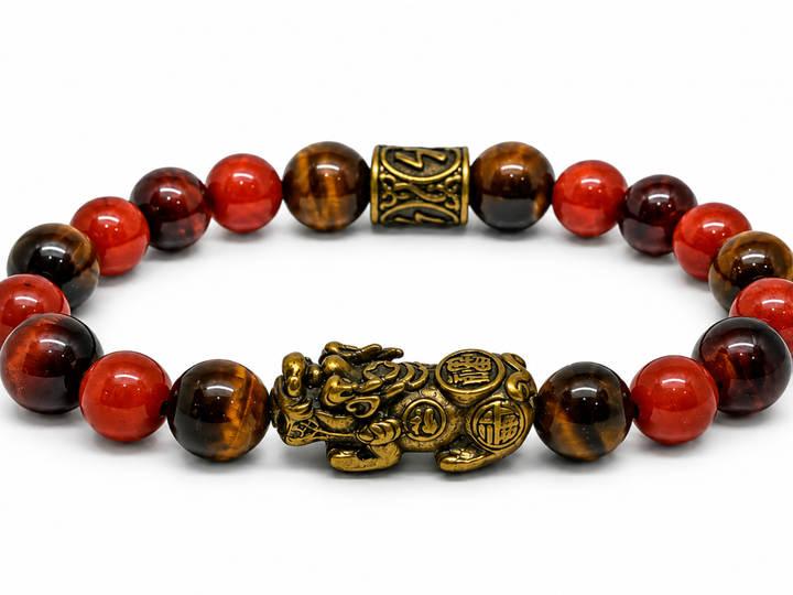 Power & Fame Bracelet by House of Sheelaa, featuring red and tiger eye gemstone beads with an antique gold Pixiu charm for success, recognition, and confidence.