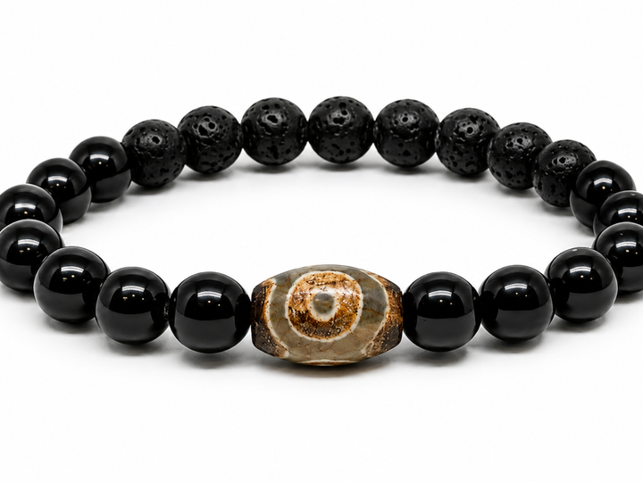 Bhaag Nazar Bhaag Bracelet by House of Sheelaa, featuring glossy black beads, textured lava stones, and a real evil eye bead for nazar protection and energy grounding.