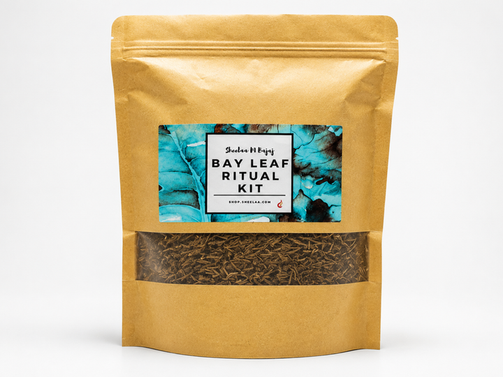 Bay Leaf Ritual Kit BLR by House of Sheelaa in a kraft pouch with a teal label and visible dried bay leaves, designed for intention rituals and spiritual practices.