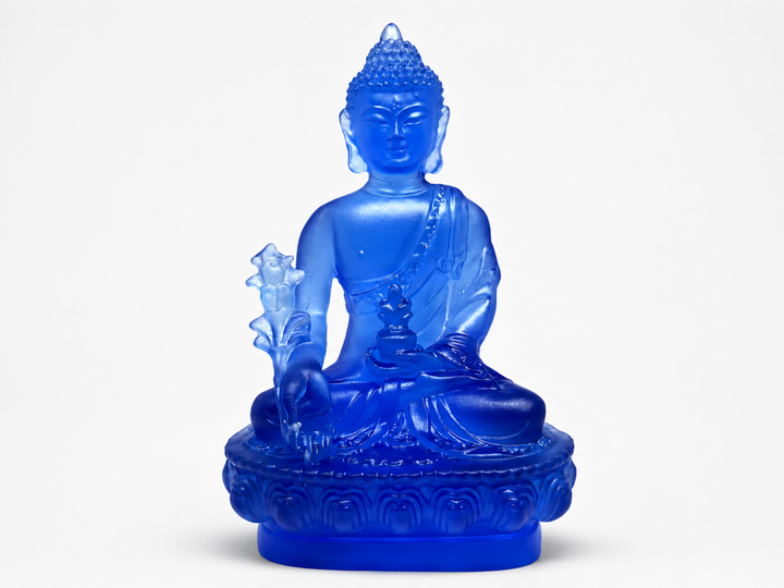 Medicine Buddha statue in translucent blue, seated in a calm meditation pose on a detailed lotus base, photographed against a clean white studio background.