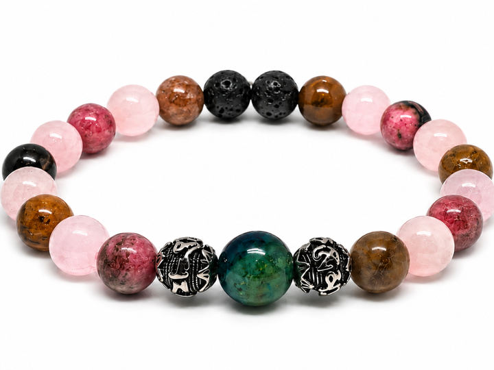 Love Manifestation Bracelet with pink, brown, black, and teal gemstone beads, silver spacers, and a clean white background.