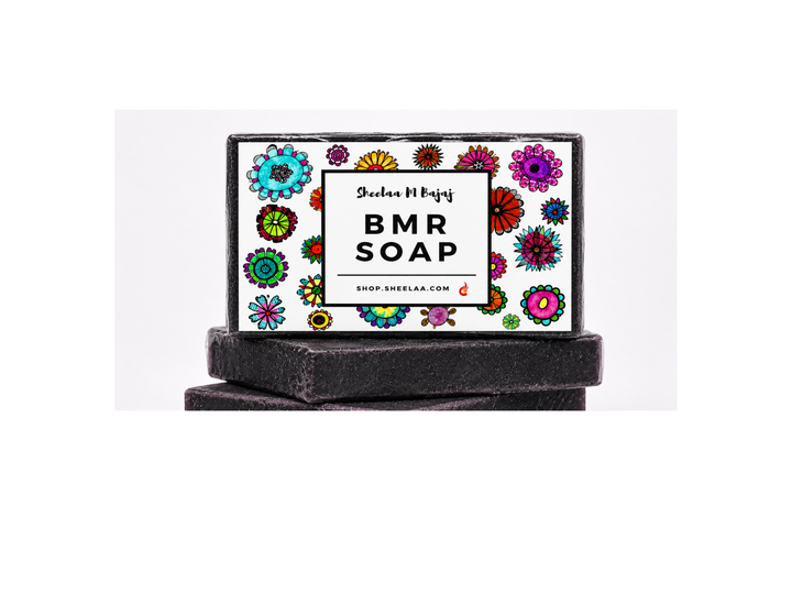 BMR Soap by Sheelaa M Bajaj with black cleansing soap bars, floral label, and clean white product background.