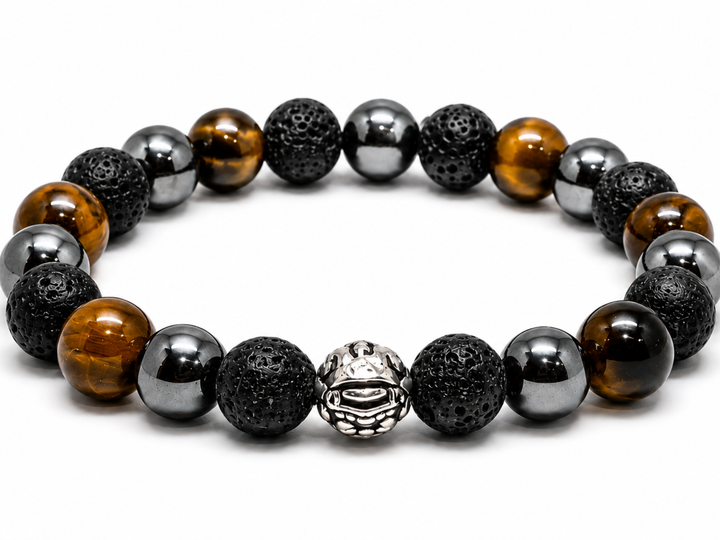 Career Growth Pixiu Bracelet with tiger eye, black lava, hematite beads and silver Pixiu charm for career focus, stability, and positive work energy.