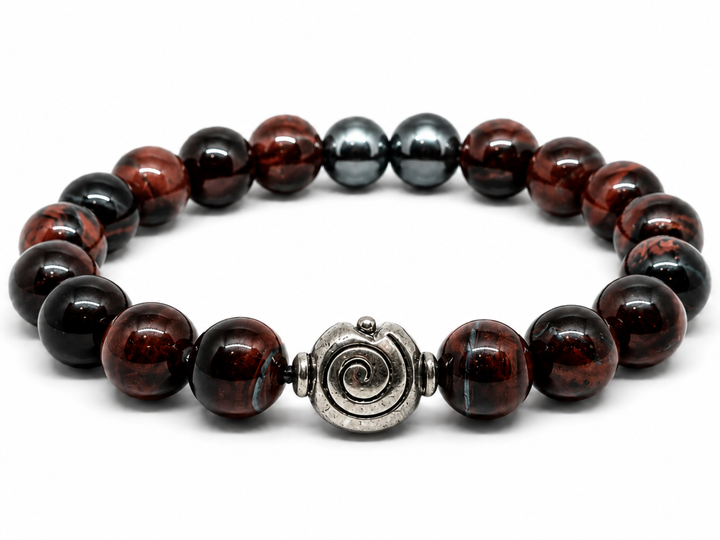 Career Growth Pixiu Bracelet with glossy red tiger eye and black beads, silver charm, and clean white product background.