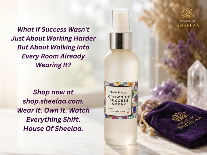 Luxury Crown of Success Spray by House of Sheelaa with golden lighting, crystal accents, and an elegant aura-inspired wellness background.
