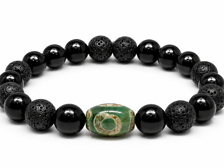 Fiery Wall of Protection Bracelet with Real Evil Eye by House of Sheelaa, featuring glossy black beads, textured lava stones, and a green evil eye bead for protection.
