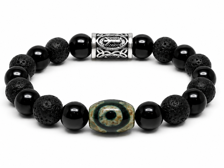 Ultimate Nazar Protection Evil Eye Rune Bracelet by House of Sheelaa, featuring glossy black beads, textured lava stones, a real evil eye bead, and a silver rune charm for nazar protection.