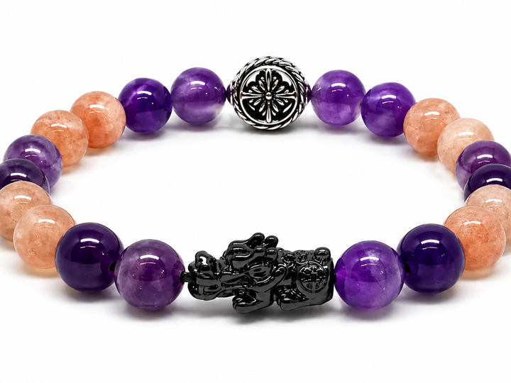Pixiu Mulank 9 Bracelet by House of Sheelaa, featuring purple and peach gemstone beads with a black Pixiu charm and silver accent bead for spiritual support.