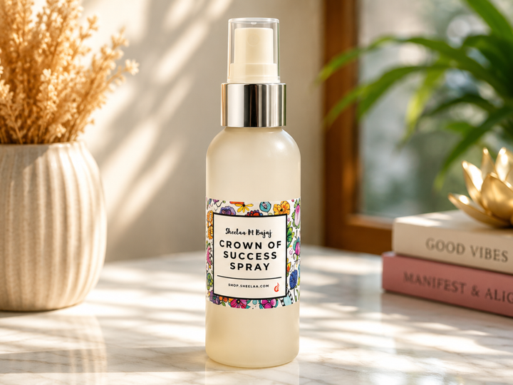 Crown of Success Spray by House of Sheelaa in a frosted bottle with a floral label, styled in a bright sunlit setting for success, confidence and positive energy.