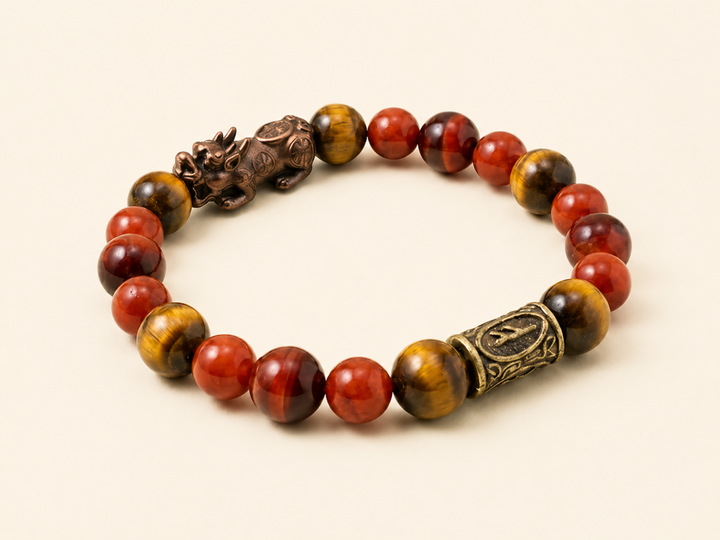 Promotion Success Rune Bracelet by House of Sheelaa, featuring tiger eye and red gemstone beads with a detailed rune charm and bronze dragon accent for career growth and success.