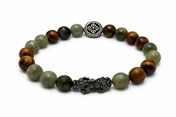 Planetary Alchemy Bracelet Mulank 4 by House of Sheelaa, made with earthy green and tiger eye beads, finished with a detailed Pixiu charm and silver accent.