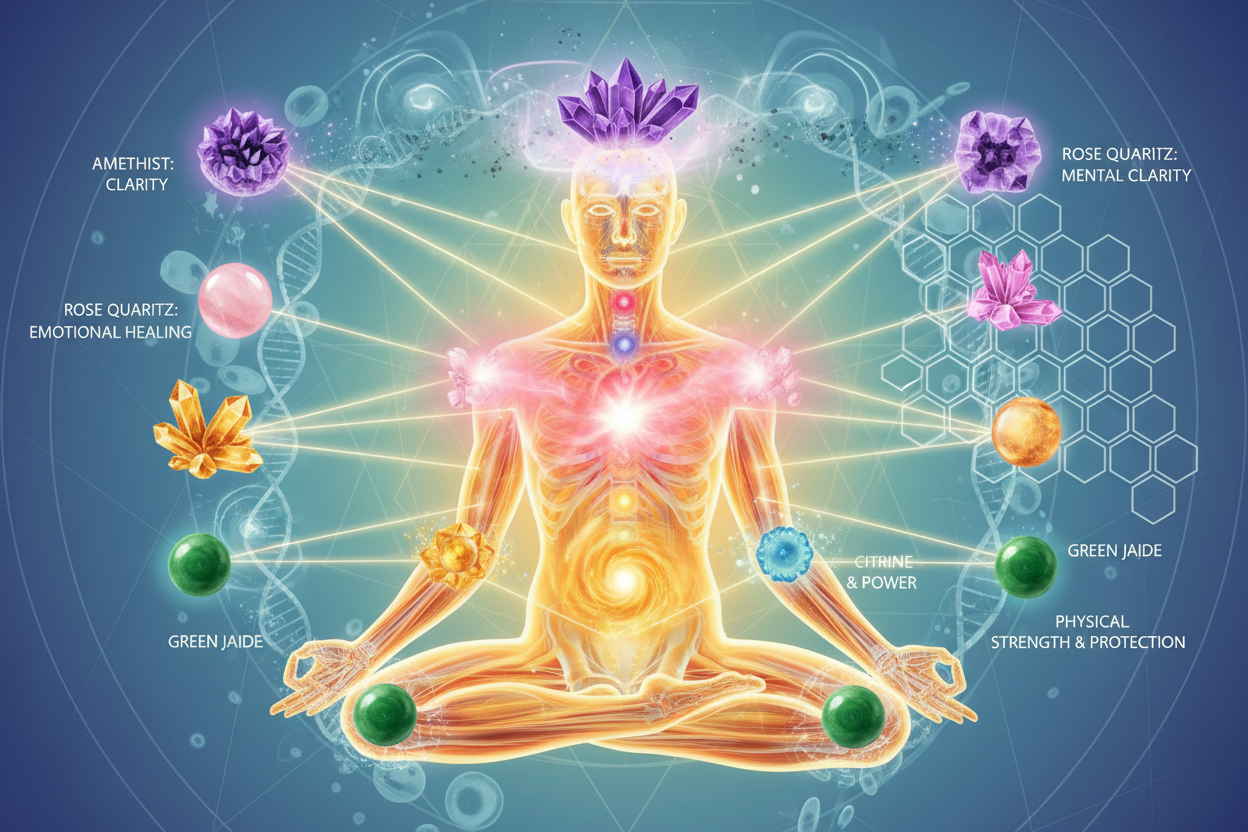 Sheelaa chakra healing crystals collection — amethyst, rose quartz and clear quartz on a golden ritual plate
