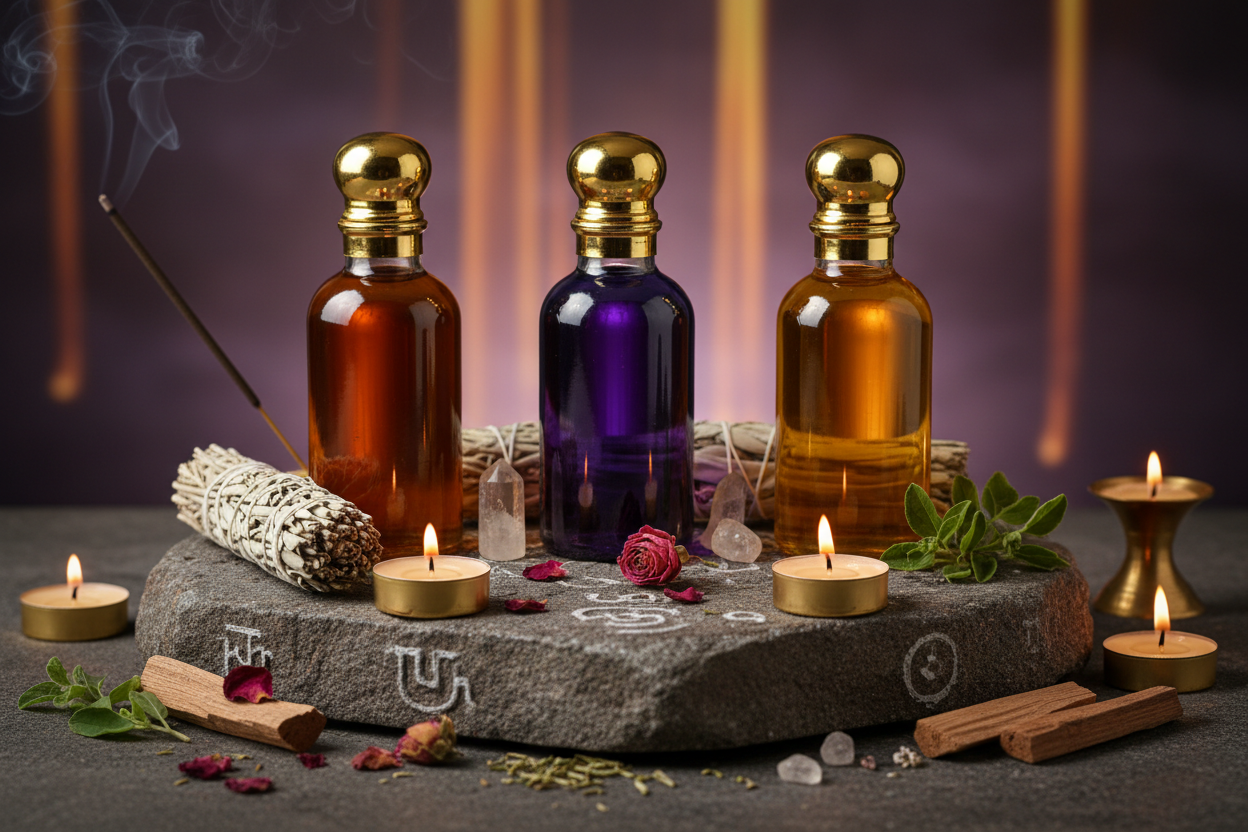 Sheelaa handcrafted ritual anointing oils with botanicals and sacred resins on amber background