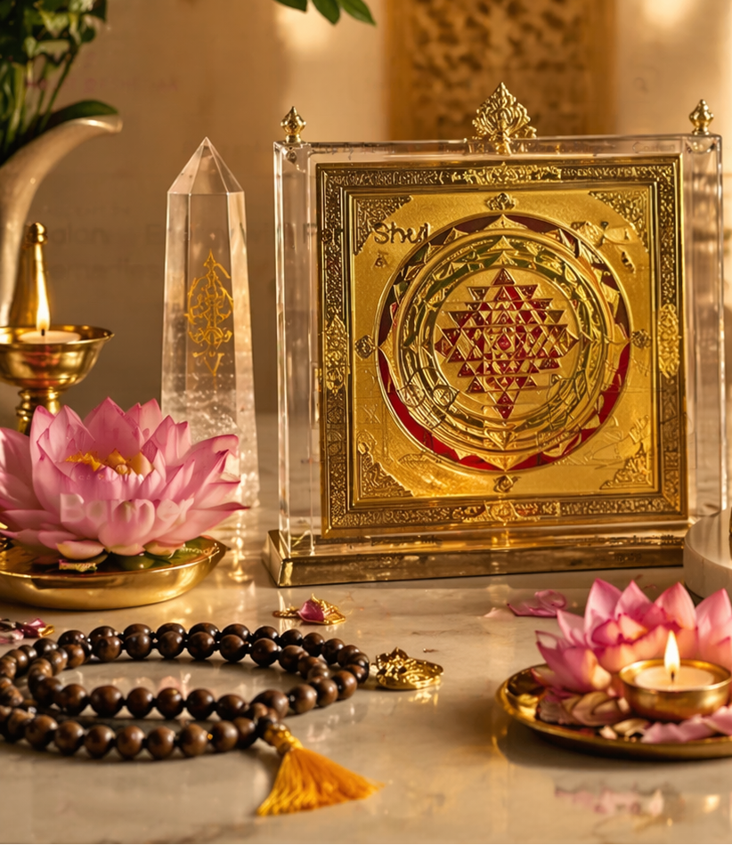 Decorative setup with gold神像, lotus flowers, and candles on a table.