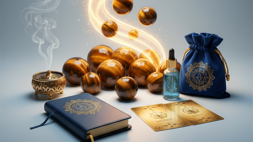 Career ritual kit with tiger eye crystal, success symbols and professional growth energy