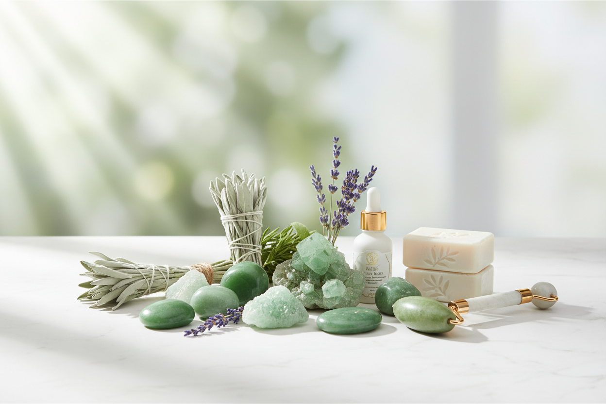 Healing spiritual wellness products with herbs, crystals, light energy and peaceful health atmosphere