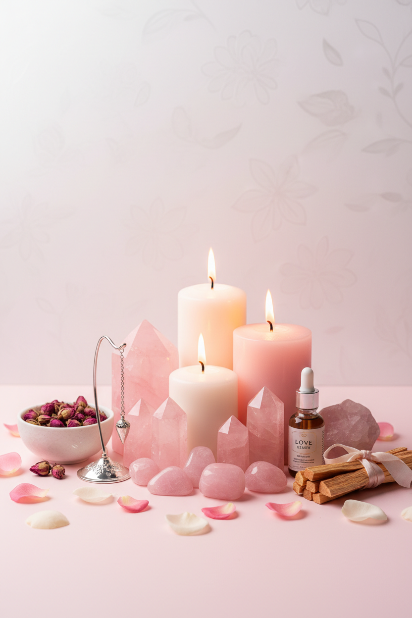 Love ritual kit with candles, rose quartz crystals and spiritual items for relationship harmony