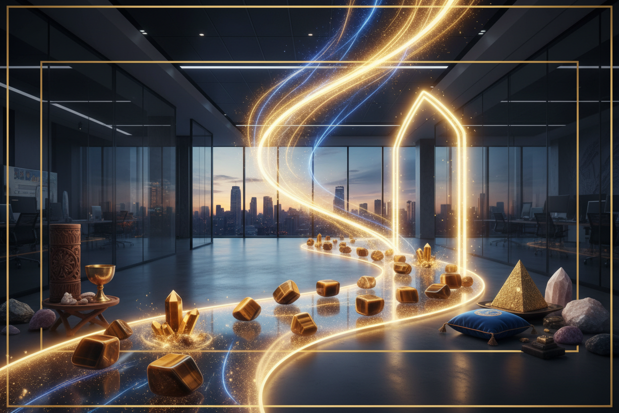 Premium spiritual career success products with office symbols, success crystals, glowing pathway and achievement energy