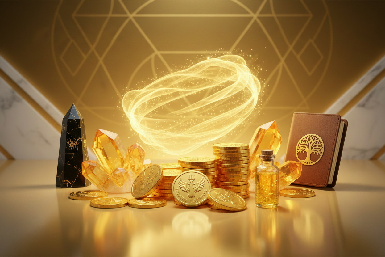Premium spiritual wealth products with gold coins, crystals, prosperity symbols and abundance energy
