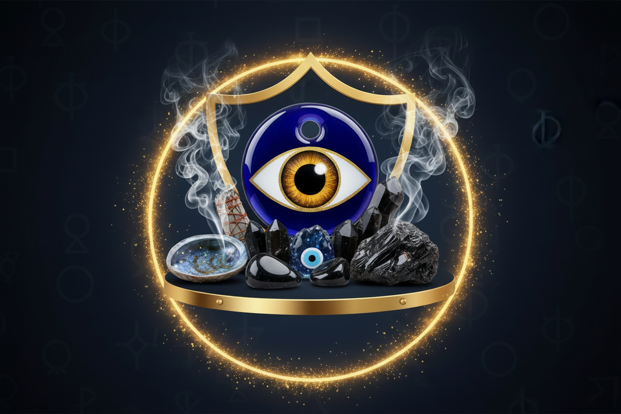 Spiritual protection products with evil eye charms, black crystals, sacred smoke and divine shield energy